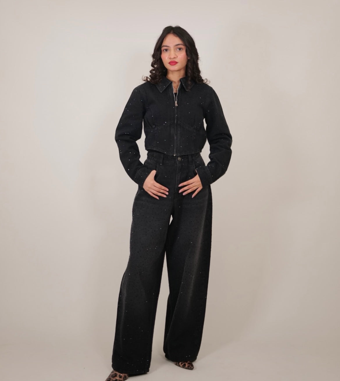 Black Rhinestones Cord Set