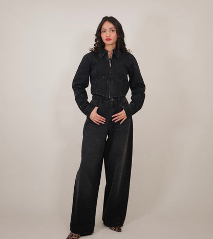 Black Rhinestones Cord Set